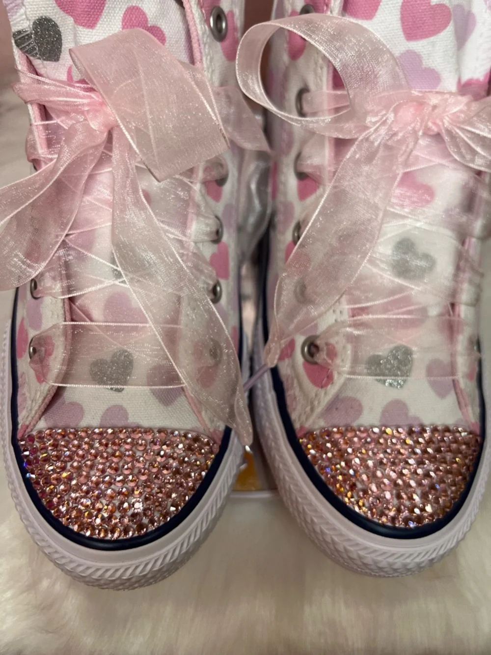 Custom Converse Kids Pink Heart High-Top Sneakers with Rhinestone Toe